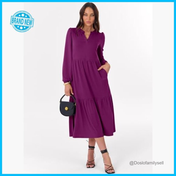 Long Sleeve Maxi Dress Boho Tiered V Neck Flowy Casual Vacation with Pockets - Picture 2 of 7